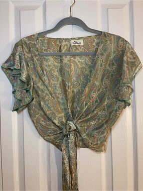 Green Paisley Tie-Front Women's Top
